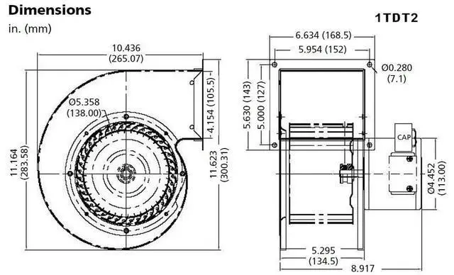 Alt view image 2 of 3 - 1TDT2 Blower, 549 CFM, 115V, 2.05 Amp, 1640 RPM