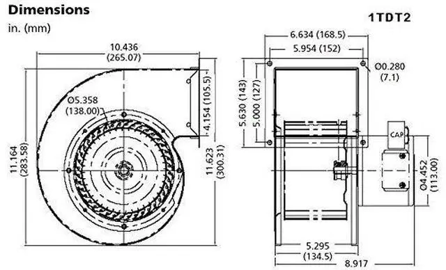 Alt view image 3 of 3 - 1TDT2 Blower, 549 CFM, 115V, 2.05 Amp, 1640 RPM