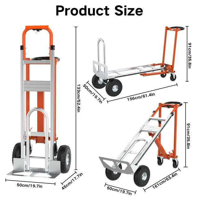 Alt view image 2 of 6 - 3 in1 Convertible Hand Truck, Folding Aluminum Hand Trucks 880lb Load Appliance Dolly, Heavy Duty Dolly Cart Converts Platform Cart, Portable Cart Luggage,Travel,Moving,Shopping,Office Use (Orange)