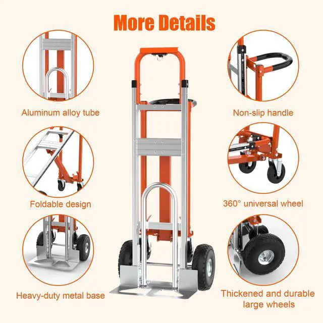 Alt view image 4 of 6 - 3 in1 Convertible Hand Truck, Folding Aluminum Hand Trucks 880lb Load Appliance Dolly, Heavy Duty Dolly Cart Converts Platform Cart, Portable Cart Luggage,Travel,Moving,Shopping,Office Use (Orange)