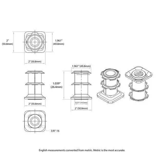 Alt view image 2 of 6 - Industries Double Star Threaded Caster Insert | Heat Treated Steel | Fits 2 Inch Square 16-18 Gauge Tube | Thread: 3/8-16 | 100 Pack