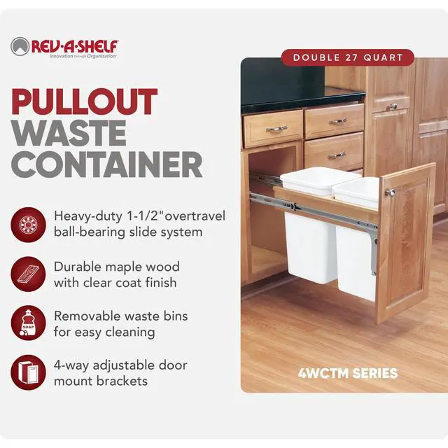 Alt view image 2 of 6 - Top Mount Double Pullout Under Cabinet 27 Quart Kitchen Trash Cans, 150 Pound Rated Full-Extension Slides, 4WCTM-15DM2-343-FL