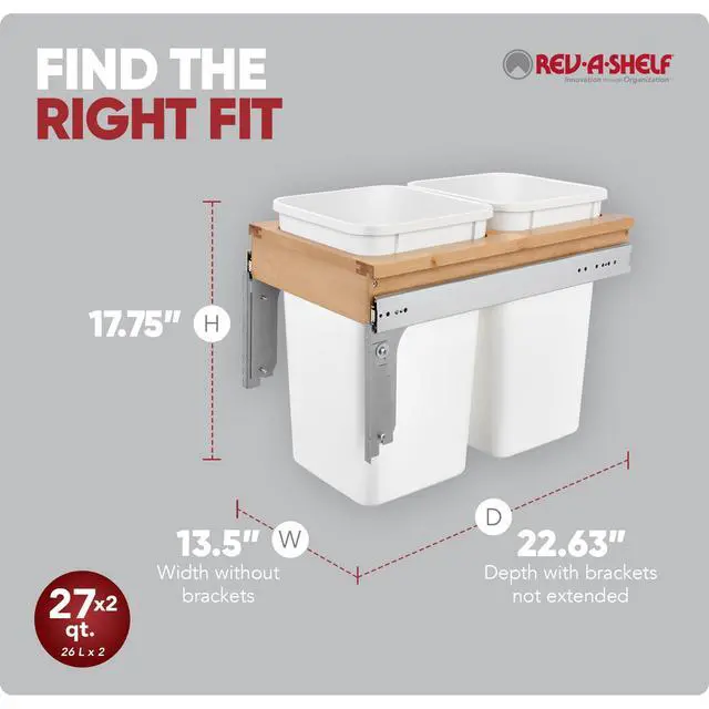 Alt view image 3 of 6 - Top Mount Double Pullout Under Cabinet 27 Quart Kitchen Trash Cans, 150 Pound Rated Full-Extension Slides, 4WCTM-15DM2-343-FL