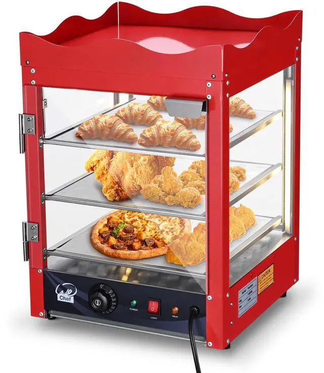 Main image of 3-Tier Pizza Warmer Countertop Commercial Food Warmer Display Case with Red Crown Top Rack LED Lighting Pastry Display Case for Restaurant Cafe Bakery 110V 600W
