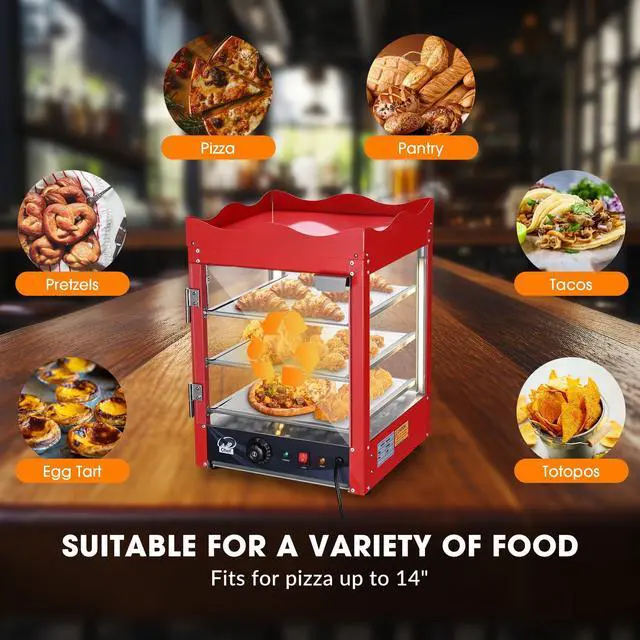 Alt view image 2 of 6 - 3-Tier Pizza Warmer Countertop Commercial Food Warmer Display Case with Red Crown Top Rack LED Lighting Pastry Display Case for Restaurant Cafe Bakery 110V 600W