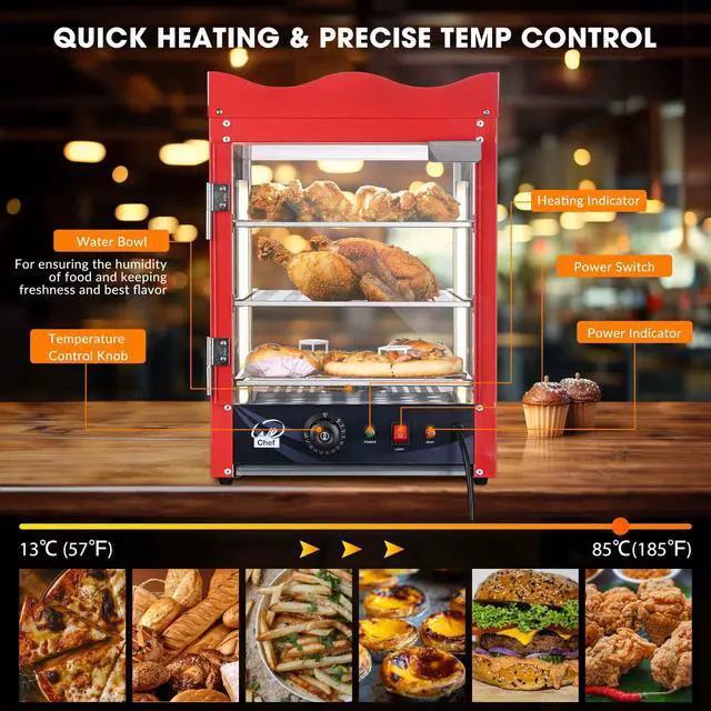 Alt view image 3 of 6 - 3-Tier Pizza Warmer Countertop Commercial Food Warmer Display Case with Red Crown Top Rack LED Lighting Pastry Display Case for Restaurant Cafe Bakery 110V 600W