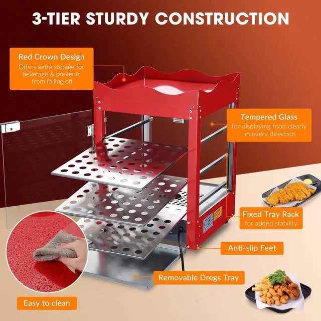 Alt view image 4 of 6 - 3-Tier Pizza Warmer Countertop Commercial Food Warmer Display Case with Red Crown Top Rack LED Lighting Pastry Display Case for Restaurant Cafe Bakery 110V 600W