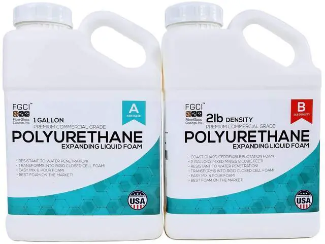 Main image of Polyurethane Expanding Liquid Foam 2 Gallon Kit, 2 Lb Density 2 Part Marine Foam Coast Guard Certifiable as Flotation Foam, 1 Gallon Each Part A and Part B, Made in the USA