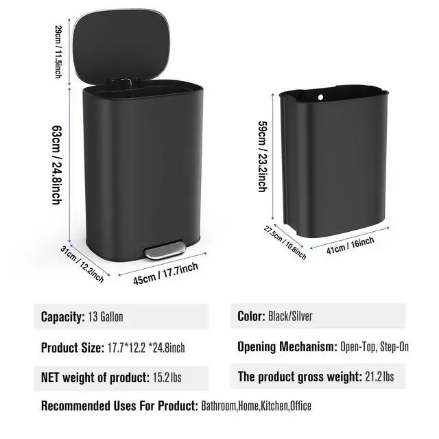 Alt view image 2 of 6 - Black 13 Gallon Stainless Steel Foot Pedal Large Trash Can with Soft Close Quiet Lid, Stainless Steel Thickened Body Oval Garbage Can with 30 Garbage Bags for Kitchen, Commercial, Home, Office
