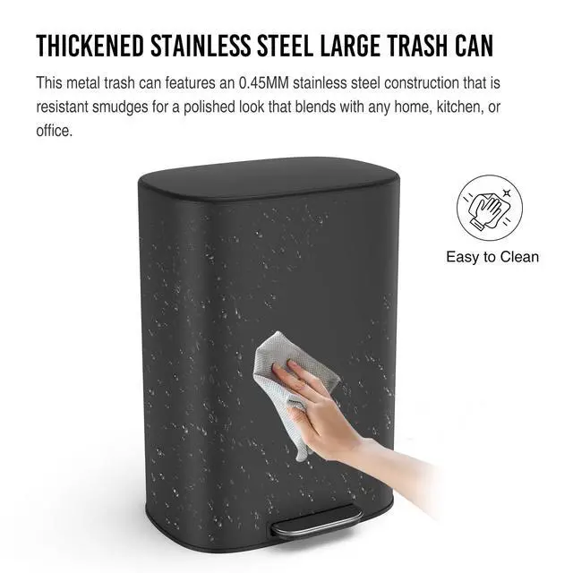 Alt view image 4 of 6 - Black 13 Gallon Stainless Steel Foot Pedal Large Trash Can with Soft Close Quiet Lid, Stainless Steel Thickened Body Oval Garbage Can with 30 Garbage Bags for Kitchen, Commercial, Home, Office