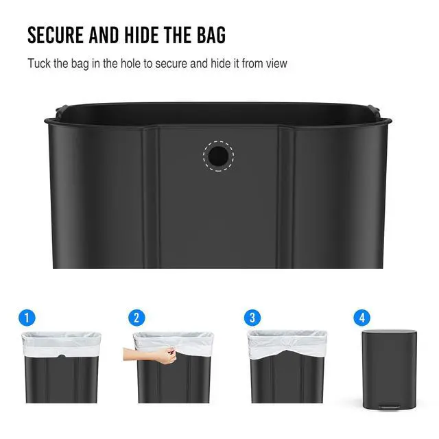 Alt view image 5 of 6 - Black 13 Gallon Stainless Steel Foot Pedal Large Trash Can with Soft Close Quiet Lid, Stainless Steel Thickened Body Oval Garbage Can with 30 Garbage Bags for Kitchen, Commercial, Home, Office