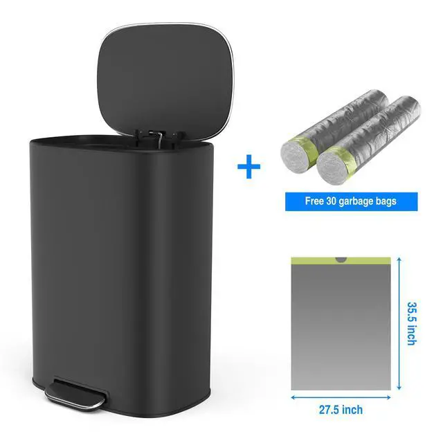 Alt view image 6 of 6 - Black 13 Gallon Stainless Steel Foot Pedal Large Trash Can with Soft Close Quiet Lid, Stainless Steel Thickened Body Oval Garbage Can with 30 Garbage Bags for Kitchen, Commercial, Home, Office