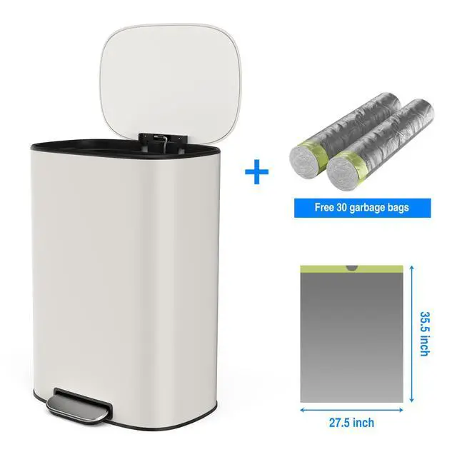 Alt view image 2 of 6 - White 13 Gallon Stainless Steel Foot Pedal Large Trash Can with Soft Close Quiet Lid, Stainless Steel Thickened Body Oval Garbage Can with 30 Garbage Bags for Kitchen, Commercial, Home, Office