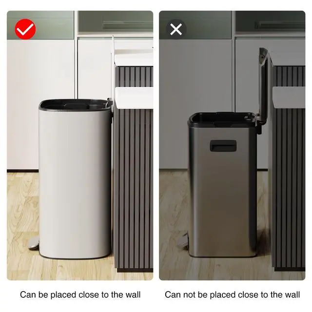 Alt view image 3 of 6 - White 13 Gallon Stainless Steel Foot Pedal Large Trash Can with Soft Close Quiet Lid, Stainless Steel Thickened Body Oval Garbage Can with 30 Garbage Bags for Kitchen, Commercial, Home, Office