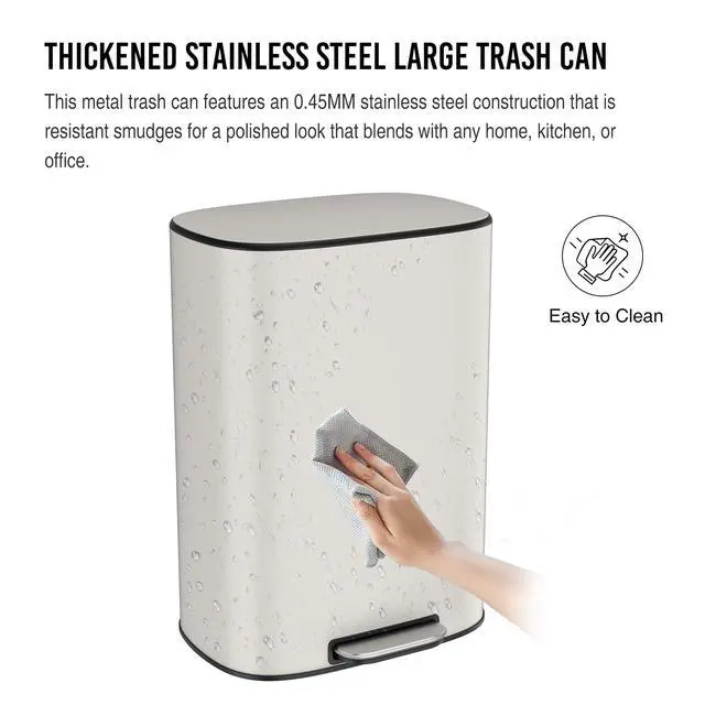 Alt view image 4 of 6 - White 13 Gallon Stainless Steel Foot Pedal Large Trash Can with Soft Close Quiet Lid, Stainless Steel Thickened Body Oval Garbage Can with 30 Garbage Bags for Kitchen, Commercial, Home, Office