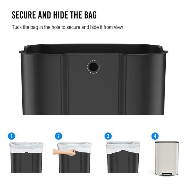 Alt view image 5 of 6 - White 13 Gallon Stainless Steel Foot Pedal Large Trash Can with Soft Close Quiet Lid, Stainless Steel Thickened Body Oval Garbage Can with 30 Garbage Bags for Kitchen, Commercial, Home, Office