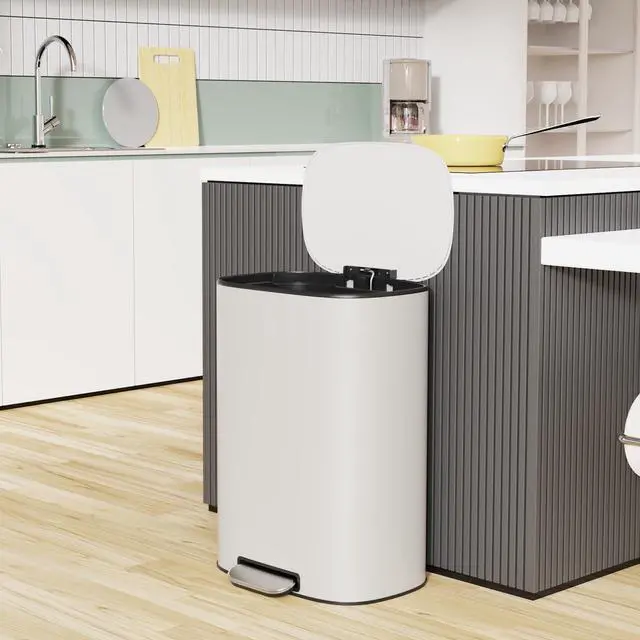 Alt view image 6 of 6 - White 13 Gallon Stainless Steel Foot Pedal Large Trash Can with Soft Close Quiet Lid, Stainless Steel Thickened Body Oval Garbage Can with 30 Garbage Bags for Kitchen, Commercial, Home, Office