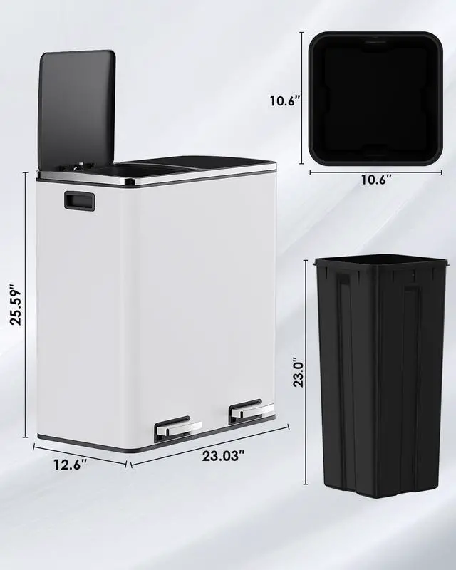Alt view image 2 of 6 - Dual Trash Can, 2 x 8 Gallon (2 x 30 L) Hands-Free Trash and Recycle Bin Combo, Stainless Steel Kitchen Garbage Can with Soft-Close Lid, Removable Inner Buckets, Step Pedal, Airtight (White)