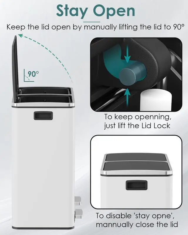 Alt view image 5 of 6 - Dual Trash Can, 2 x 8 Gallon (2 x 30 L) Hands-Free Trash and Recycle Bin Combo, Stainless Steel Kitchen Garbage Can with Soft-Close Lid, Removable Inner Buckets, Step Pedal, Airtight (White)
