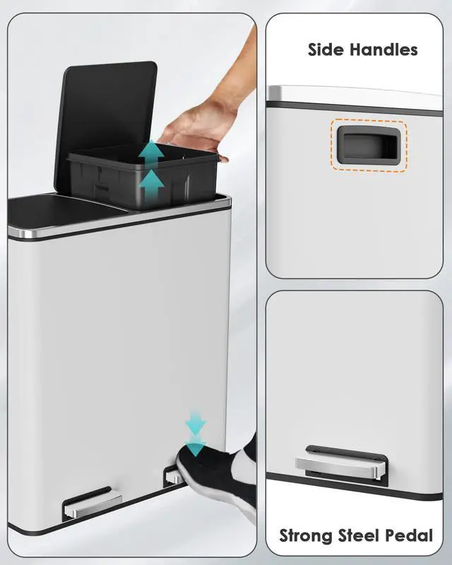 Alt view image 6 of 6 - Dual Trash Can, 2 x 8 Gallon (2 x 30 L) Hands-Free Trash and Recycle Bin Combo, Stainless Steel Kitchen Garbage Can with Soft-Close Lid, Removable Inner Buckets, Step Pedal, Airtight (White)
