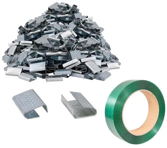 Main image of Packaging Banding Strapping Kit - 1Pc Green Polyester PET Pallet Strap Coil 4000' x 5/8" x 0.035" - 1400 lbs BS and 2000 Pcs Strapping Open Seal for Securing Heavy Pallet Banding