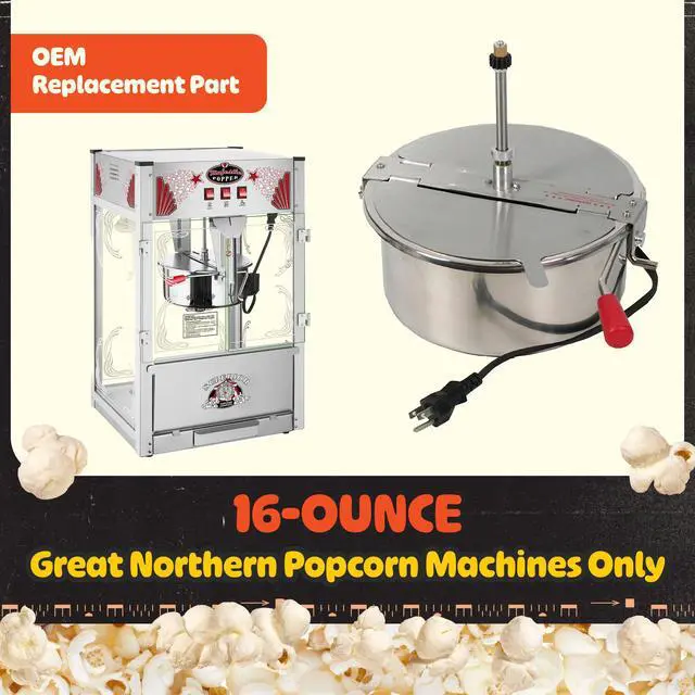 Alt view image 2 of 6 - 16-Ounce Popcorn Machine Kettle - 1350W Replacement Popper with Lid, Stirrer, Gear Shaft, and 3-Prong Plug by Great Northern Popcorn