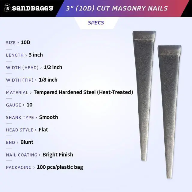 Alt view image 2 of 6 - 3 inch (10D) Square Cut Masonry Nails for Concrete, Brick, Mortar - 1/2" Wide Flat Heads - Construction, Cement, Brick Walls (1500)