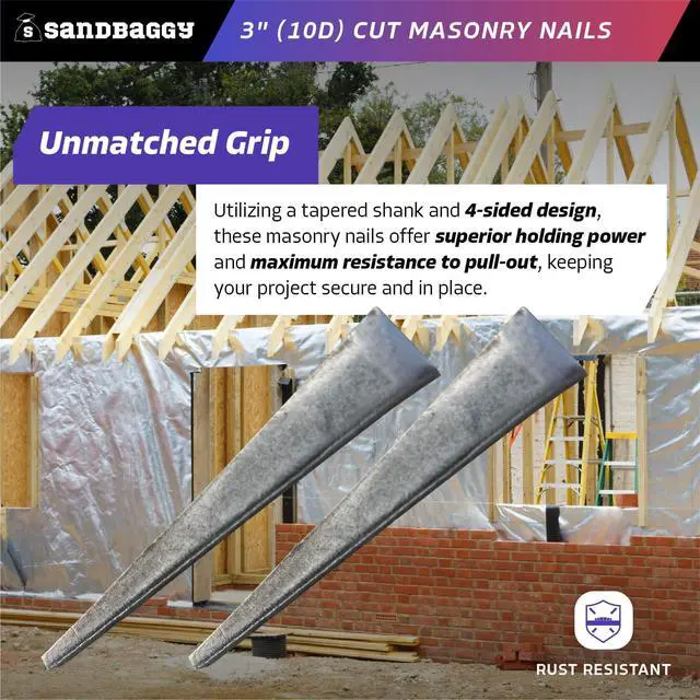 Alt view image 3 of 6 - 3 inch (10D) Square Cut Masonry Nails for Concrete, Brick, Mortar - 1/2" Wide Flat Heads - Construction, Cement, Brick Walls (1500)