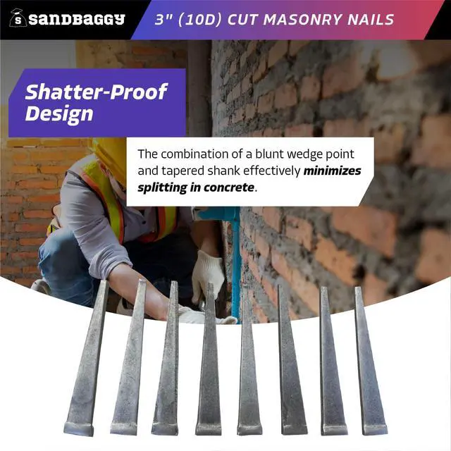 Alt view image 4 of 6 - 3 inch (10D) Square Cut Masonry Nails for Concrete, Brick, Mortar - 1/2" Wide Flat Heads - Construction, Cement, Brick Walls (1500)