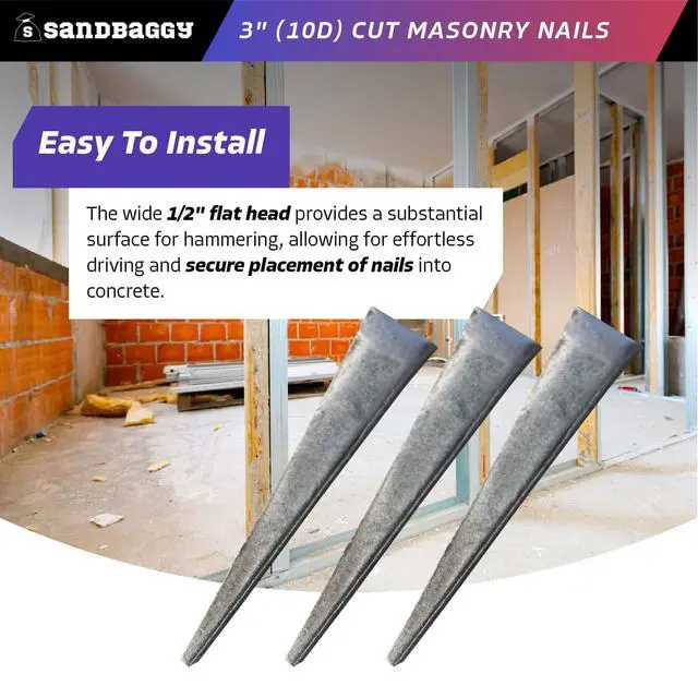 Alt view image 5 of 6 - 3 inch (10D) Square Cut Masonry Nails for Concrete, Brick, Mortar - 1/2" Wide Flat Heads - Construction, Cement, Brick Walls (1500)