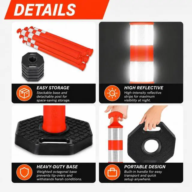 Alt view image 2 of 6 - 42" Traffic Delineator Posts,6 Pack Orange Safety Cones with Reflective Collars and Weighted Base for Road Safety, Parking Lots