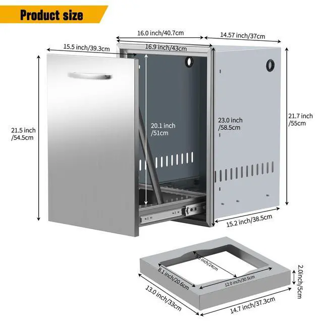 Alt view image 2 of 6 - Pull-Out Single Trash Drawer 17''Wx23''Hx16''D, Built-in Trash Drawer, Outdoor Kitchen Stainless Steel Trash Bin for BBQ Island Grill Station