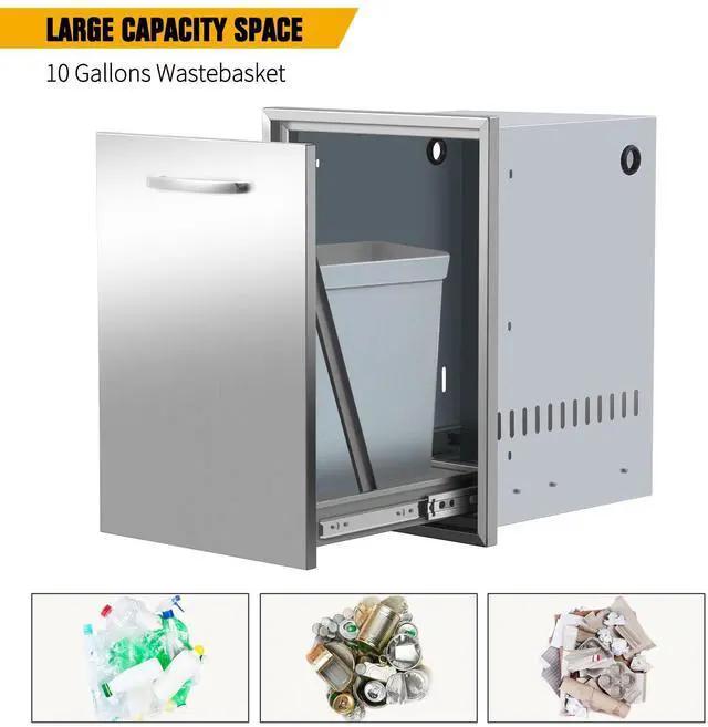 Alt view image 3 of 6 - Pull-Out Single Trash Drawer 17''Wx23''Hx16''D, Built-in Trash Drawer, Outdoor Kitchen Stainless Steel Trash Bin for BBQ Island Grill Station