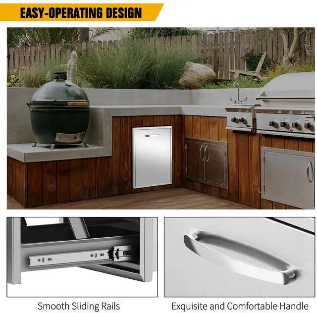Alt view image 5 of 6 - Pull-Out Single Trash Drawer 17''Wx23''Hx16''D, Built-in Trash Drawer, Outdoor Kitchen Stainless Steel Trash Bin for BBQ Island Grill Station