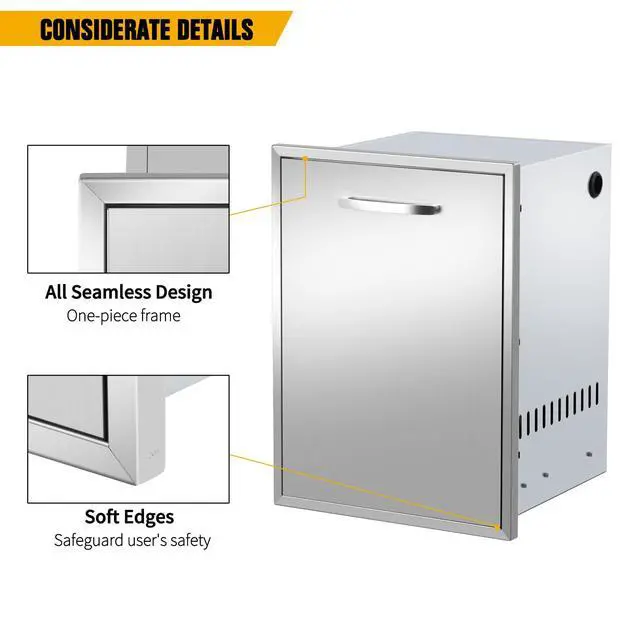 Alt view image 6 of 6 - Pull-Out Single Trash Drawer 17''Wx23''Hx16''D, Built-in Trash Drawer, Outdoor Kitchen Stainless Steel Trash Bin for BBQ Island Grill Station