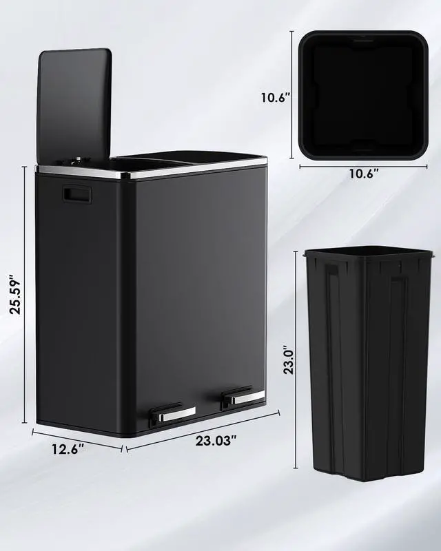 Alt view image 2 of 6 - Dual Trash Can, 2 x 8 Gallon (2 x 30 L) Hands-Free Trash and Recycle Bin Combo, Stainless Steel Kitchen Garbage Can with Soft-Close Lid, Removable Inner Buckets, Step Pedal, Airtight (Black)