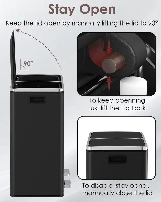 Alt view image 5 of 6 - Dual Trash Can, 2 x 8 Gallon (2 x 30 L) Hands-Free Trash and Recycle Bin Combo, Stainless Steel Kitchen Garbage Can with Soft-Close Lid, Removable Inner Buckets, Step Pedal, Airtight (Black)