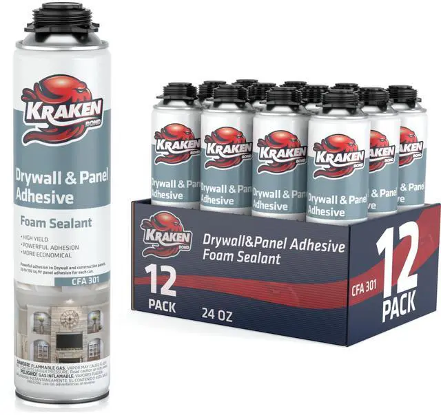 Main image of Drywall & Panel Adhesive Foam - (12x24oz) Heavy-Duty, Fast-Curing Construction Adhesive for Concrete, Wood, and Heat Insulation Applications - 12 Pack