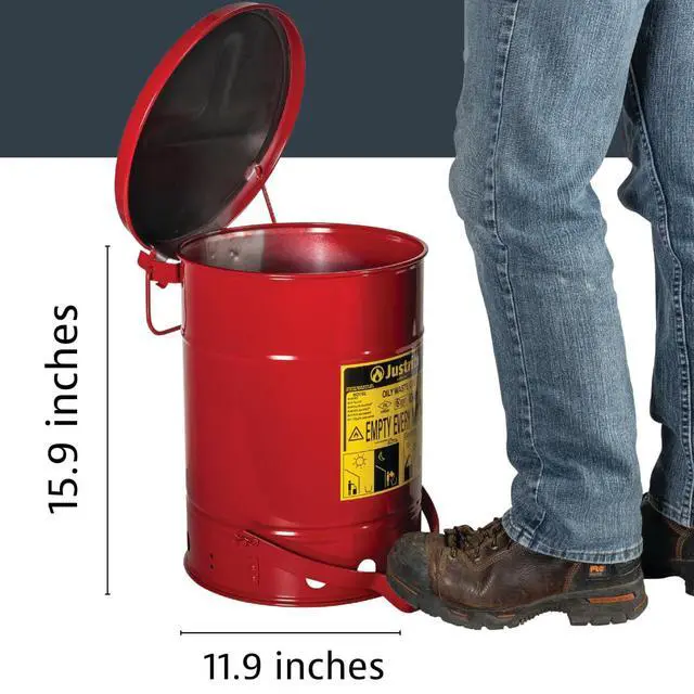 Alt view image 2 of 6 - 6 Gallon Galvanized Steel Oily Waste Can, 16" x 12" Metal Oil Rag Safety Can with Quiet Foot-Operated Self-Closing Lid for Oil Rag Disposal, Made in The USA, Red, 09108