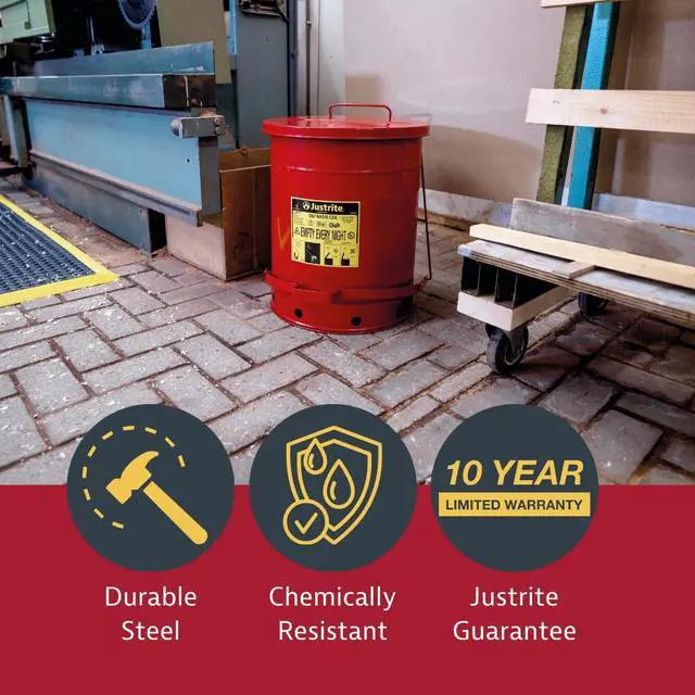 Alt view image 3 of 6 - 6 Gallon Galvanized Steel Oily Waste Can, 16" x 12" Metal Oil Rag Safety Can with Quiet Foot-Operated Self-Closing Lid for Oil Rag Disposal, Made in The USA, Red, 09108