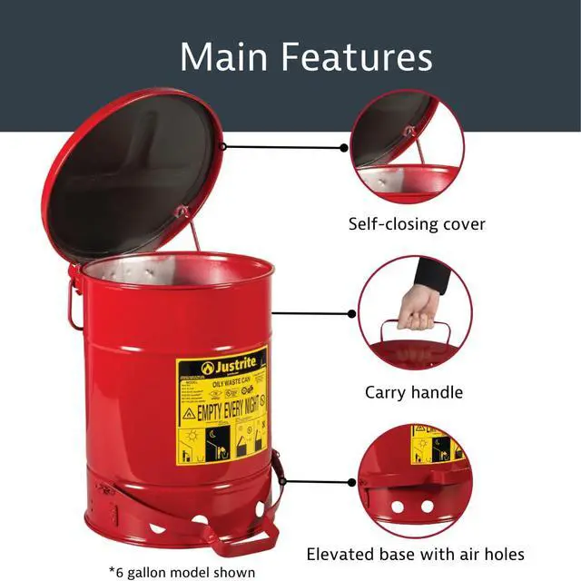 Alt view image 4 of 6 - 6 Gallon Galvanized Steel Oily Waste Can, 16" x 12" Metal Oil Rag Safety Can with Quiet Foot-Operated Self-Closing Lid for Oil Rag Disposal, Made in The USA, Red, 09108