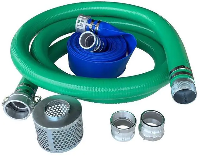 Main image of 3" Pump Hose Kit, Includes 3 inch x 20 ft Green PVC Suction Hose, 3 inch x 50 ft Blue Lay Flat Discharge Hose, Plated Steel Suction Strainer, Two Male Cam and Groove Adapters