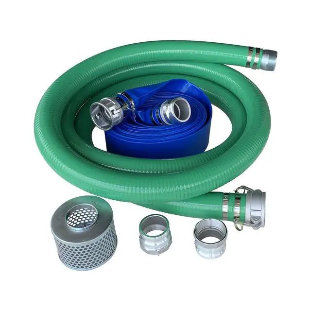 Alt view image 2 of 6 - 3" Pump Hose Kit, Includes 3 inch x 20 ft Green PVC Suction Hose, 3 inch x 50 ft Blue Lay Flat Discharge Hose, Plated Steel Suction Strainer, Two Male Cam and Groove Adapters