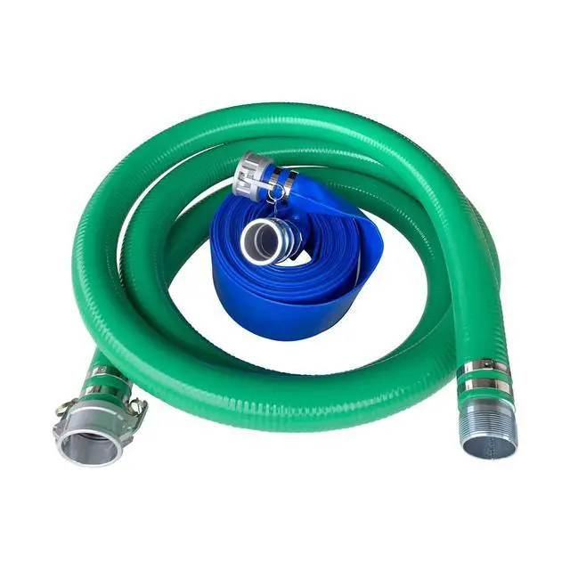 Alt view image 3 of 6 - 3" Pump Hose Kit, Includes 3 inch x 20 ft Green PVC Suction Hose, 3 inch x 50 ft Blue Lay Flat Discharge Hose, Plated Steel Suction Strainer, Two Male Cam and Groove Adapters