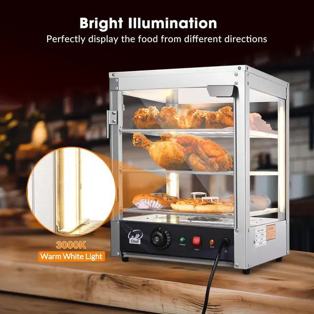 Alt view image 2 of 6 - 15" 3-Tier Commercial Food Warmer Pizza Warmer Display Electric Countertop with LED Adjustable Lighting Stainless Steel Pastry Display Case for Fast Food Restaurant Food Truck Food Tent