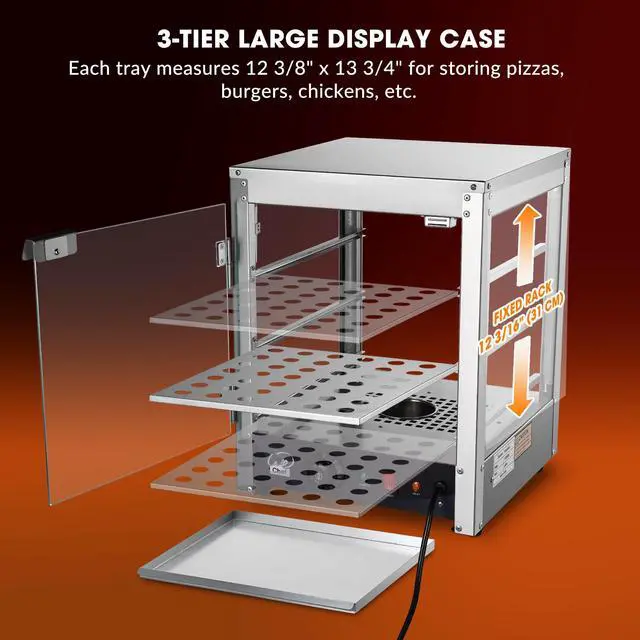 Alt view image 3 of 6 - 15" 3-Tier Commercial Food Warmer Pizza Warmer Display Electric Countertop with LED Adjustable Lighting Stainless Steel Pastry Display Case for Fast Food Restaurant Food Truck Food Tent