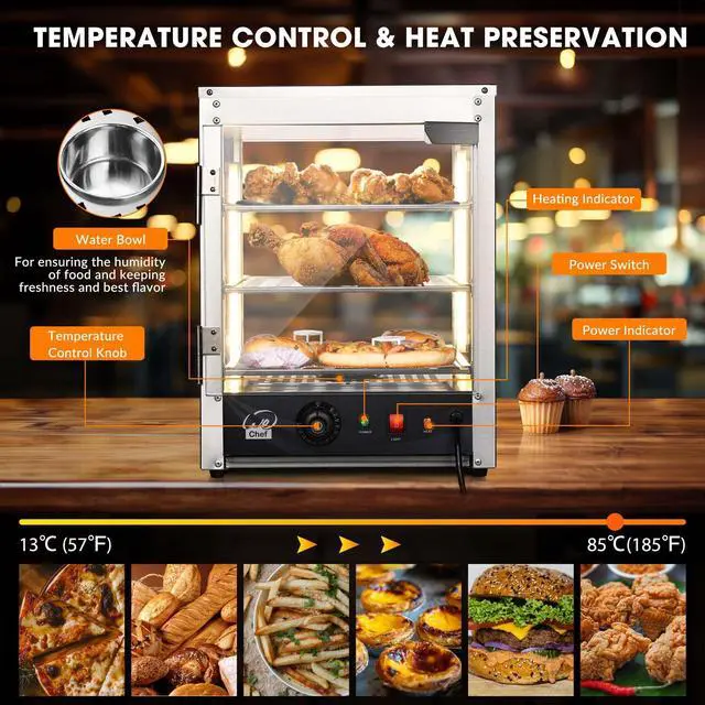 Alt view image 6 of 6 - 15" 3-Tier Commercial Food Warmer Pizza Warmer Display Electric Countertop with LED Adjustable Lighting Stainless Steel Pastry Display Case for Fast Food Restaurant Food Truck Food Tent