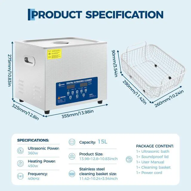 Alt view image 2 of 6 - 4 Gal (15L) Commercial Ultrasonic Cleaner, 40kHz Stainless Steel Machine with Digital Timer, Heater & 3 Modes Ideal for Wrenches, Screwdrivers, Repair Tools, Industrial Parts, Metal Cleaning