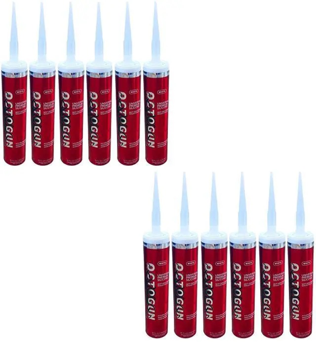 Main image of Octogun Universal Premium Silicone x12 Pack All-Purpose Waterproof Sealant for Bathroom, Kitchen, Shower, Window & Door Low Odor, Flexible & Long-Lasting 10.1 fl oz -White, Silicone, Caulk