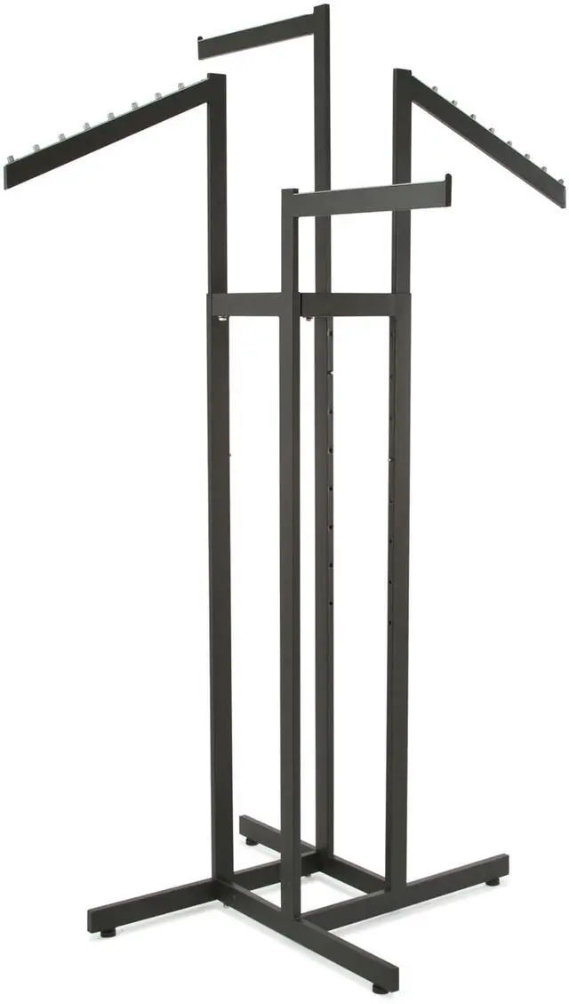 Main image of 4-Way Clothing Rack, Heavy Duty Adjustable Garment Display with 2 Straight and 2 Slanted Arms, Square Tubing, Black